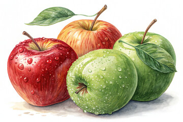 watercolor painting of fresh red and green apples with glistening water drops, isolated on a white background for food, health, or market designs.
