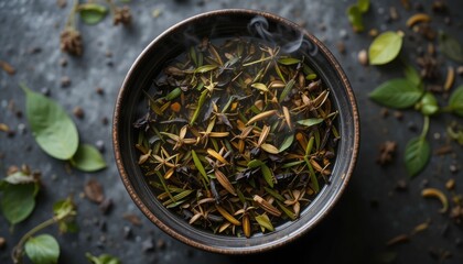 An overhead view of a dark bowl filled with steaming herbal tea