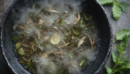 An overhead view of a dark bowl filled with steaming herbal tea