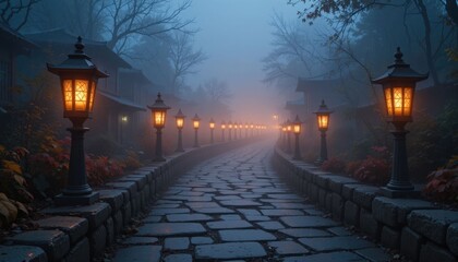 Lanterns Illuminating a Stone Path Fading into the Distance Mist