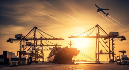 Container Ship and Trucks at Port During Sunset with Airplane
