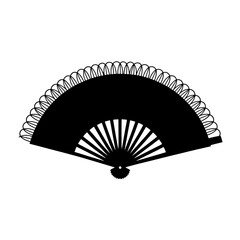 Black and white vector illustration of a hand fan. Monochrome silhouette of a traditional folding fan with decorative edge. Isolated on white background. Design element for Asian or Spanish culture pr