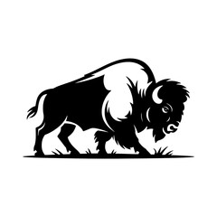 Obraz premium Stylized Bison Vector Illustration: Monochrome silhouette of an American buffalo, detailed horns and fur, grazing in grassy field. Bold black and white graphic, ideal for logos, emblems, and wildlife
