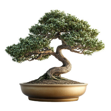  Japanese bonsai tree in a golden pot isolated on transparent background.