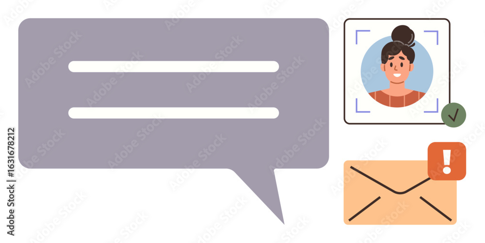 Poster chat bubble with text lines, verified profile picture within a frame, and email envelope with alert 