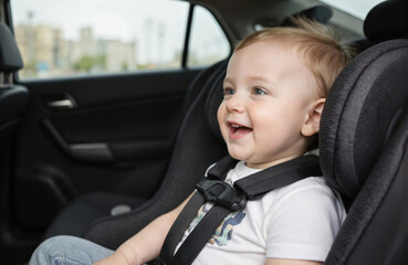 Joyful infant smiles securely in car during travel. Baby wearing belt, enjoying ride in vehicle. Focus on childhood innocence, happy family moments, and safe transportation for kids.