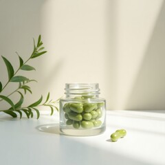 Green Supplements in a Glass Jar with Plant Leaves and Sunlight Shadows