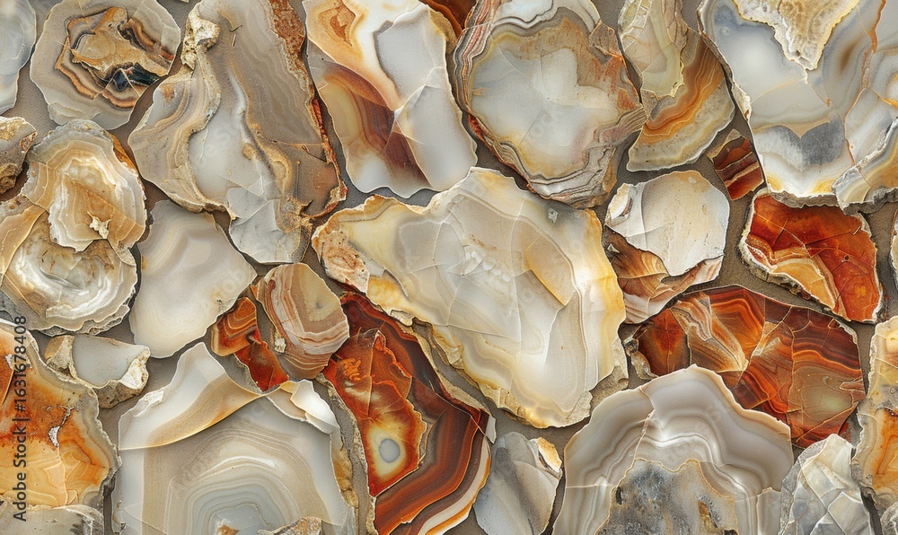 Poster agate slices in earth tones displaying natural banded patterns and textures