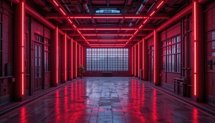 Modern Industrial Interior Illuminated with Red Neon Lights