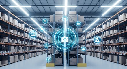 Futuristic warehouse with digital network overlay and icons