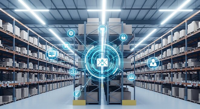Futuristic warehouse with digital network overlay and icons