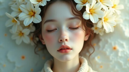 Ethereal Beauty A Young Woman Adorned with a Crown of Delicate White Flowers