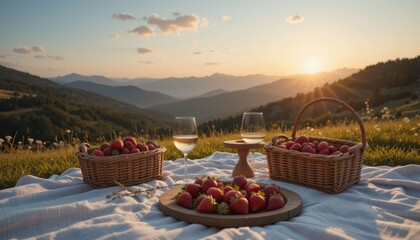 A romantic picnic setup overlooking the mountains with wine and strawberries