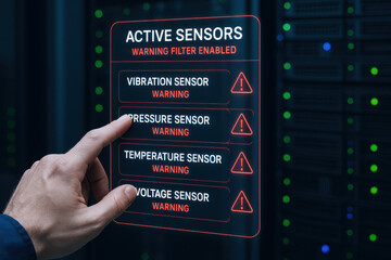 Predictive maintenance engineer monitors active sensors with warning alerts pressure vibration temperature and voltage for system safety