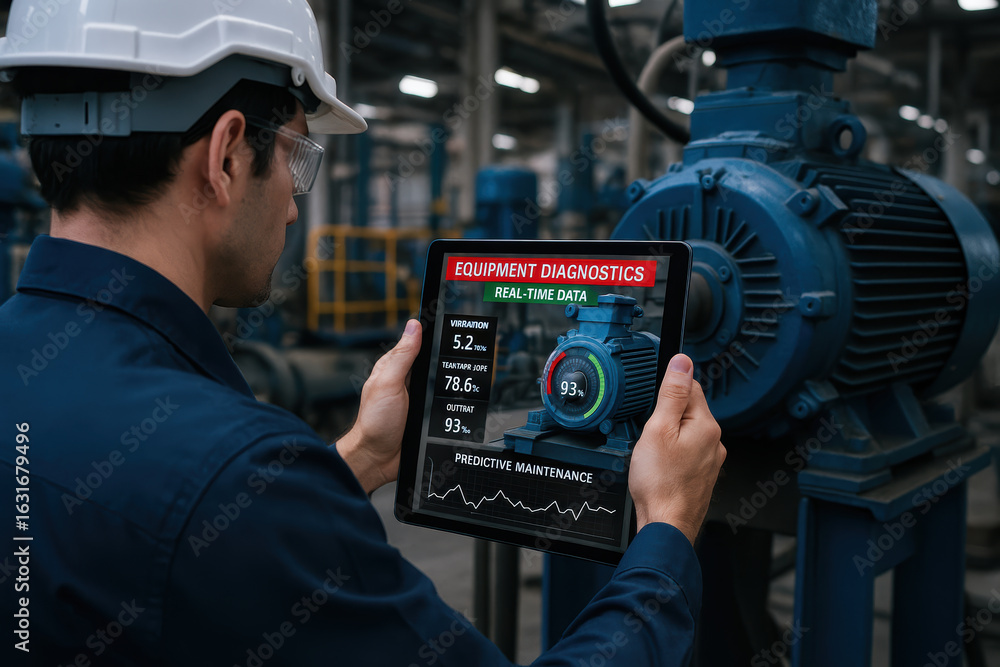 Aufkleber predictive maintenance engineer uses tablet to monitor equipment diagnostics and real time data for 