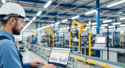 Industrial worker monitoring operations on a laptop in a factory
