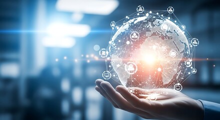 Hand holding a glowing digital globe with network connections and icons