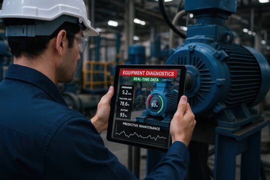 Predictive maintenance engineer uses tablet to monitor equipment diagnostics and real time data for efficient industrial machine upkeep