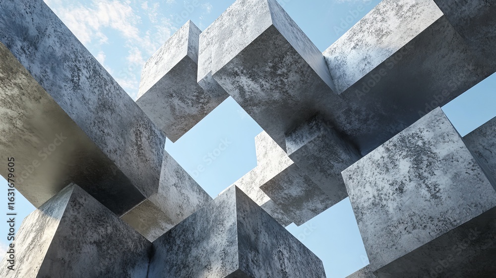 Poster low angle view of interlocking concrete cubes against a blue sky creating abstract architecture