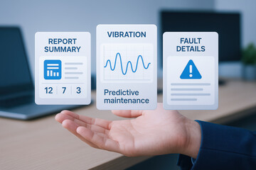 Predictive maintenance engineer analyzing vibration data and fault details with report summary for efficient equipment monitoring and repair