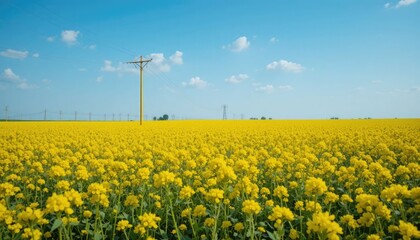 Under a blue sky, a lone yellow utility pole stands amid a field of yellow canola flowers.
