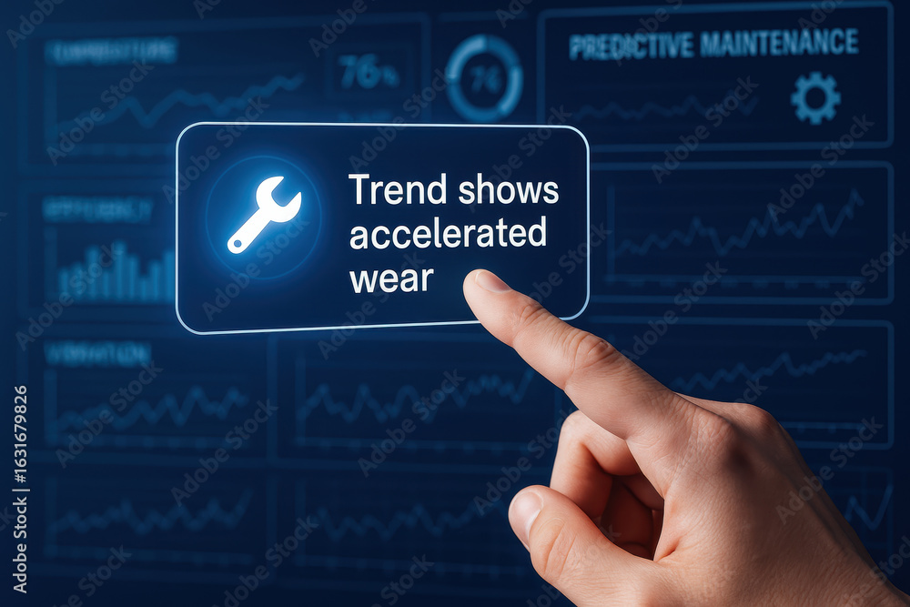 Poster predictive maintenance concept with engineer pointing at accelerated wear trend on digital interface