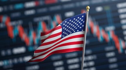 United States flag waving on stock market ticker background - Powered by Adobe