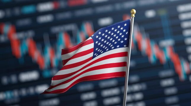 United States flag waving on stock market ticker background