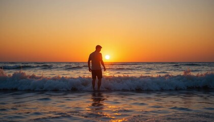 A father and child silhouetted over ocean waves against a vibrant sunset