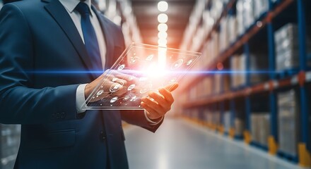 Man in suit with futuristic tablet in warehouse