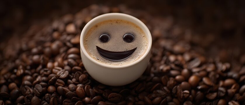 The cheerful coffee cup with a smiling face surrounded by coffee beans.