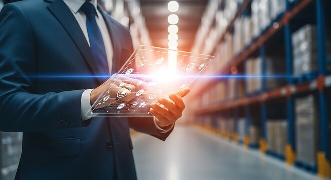 Man in suit with futuristic tablet in warehouse