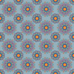 A seamless digital illustration of a vibrant mandala pattern featuring floral and geometric elements. This design blends boho and traditional Asian motifs with bold colors including teal, magenta.