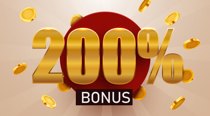 200 percent bonus with falling golden coins. Cashback or prize concept. Vector illustration
