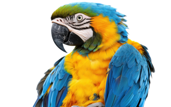 Blue and gold macaw isolated on white background, png