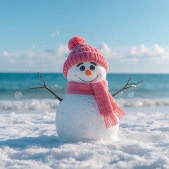 A cheerful snowman wearing a pink knitted hat and scarf stands on a snowy beach with the ocean and blue sky in the background