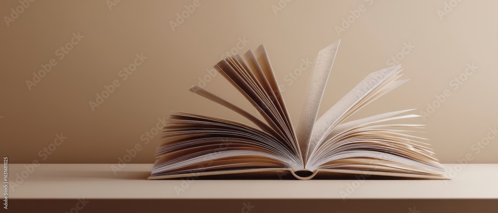 Poster the open book with turning pages on a minimalist shelf
