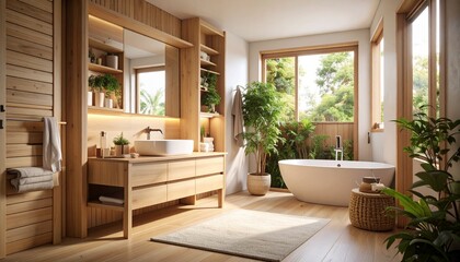 Fototapeta premium Tiny Japandi bathroom with natural wood finishes, built-in storage, and soft diffused lighting creates a cozy, minimalist space blending Japanese simplicity and Scandinavian warmth. 