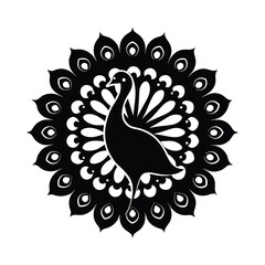 Diwali vector art of black silhouette of a peacock in a mandala design, isolated