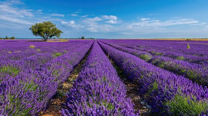 Naklejka premium A field of purple lavender flowers, under a partly cloudy blue sky, with a single tree