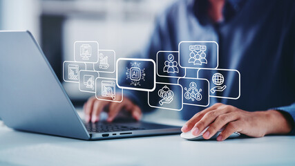 AI assistants support human artificial for data analysis Intelligence technology, Man typing AI assistant dashboard their goal agentic workflows, advertising, marketing, connection, communication