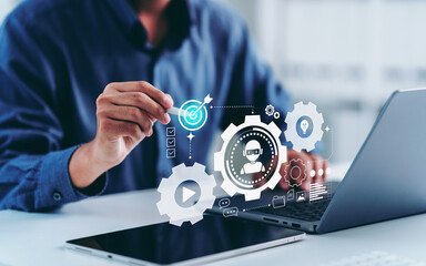AI assistants support human artificial for data analysis Intelligence technology, man pointing AI...