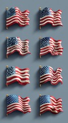 Multiple American flags displayed in a creative arrangement on a gray background with differing textures and dimensions
