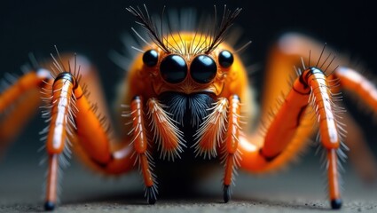Macro photograph of a vibrant orange jumping spider with large eyes and fuzzy legs showcasing intricate details and textures