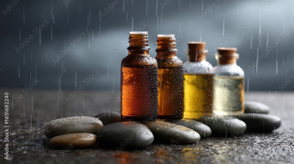 Poster Bottles of Essential Oils on Wet Stones With Rain Falling in a Calming Setting
