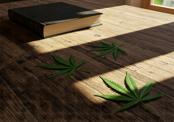open book with cannabis leaf illuminated by sunlight casting soft shadow on wood

