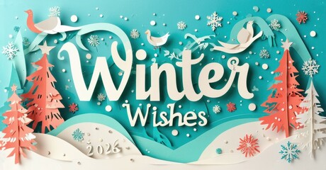 Papercraft scene depicts winter greetings. Snowflakes, birds, trees create festive holiday atmosphere. Year 2026 visible.