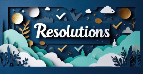 Papercraft scene depicts Resolutions text. Clouds, trees, checks suggest goals, new year, positive change. Blue tones dominate design.