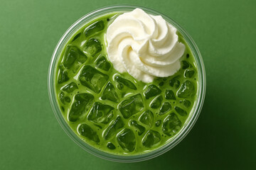 Iced Matcha Latte with Whipped Cream, Top View
