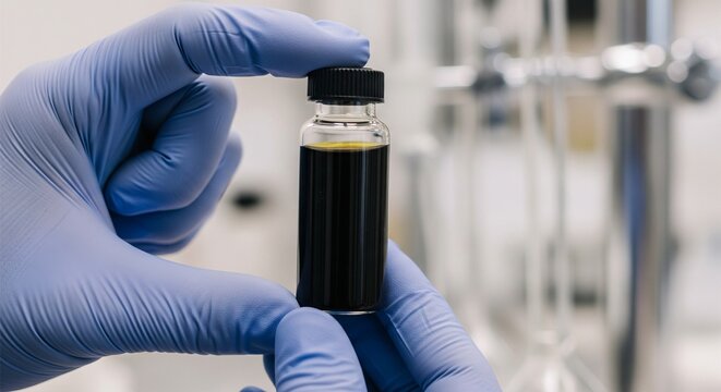 Gloved hands holding a vial filled with dark crude oil in a lab setting